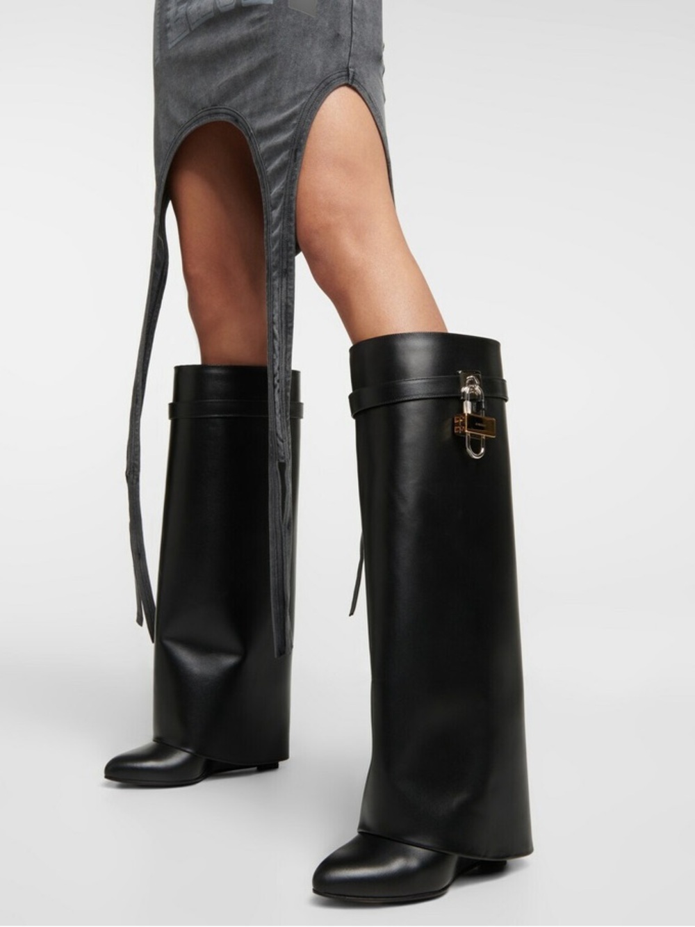 Givenchy Black Glossy Over-the-Knee Leather Boots with Padlock